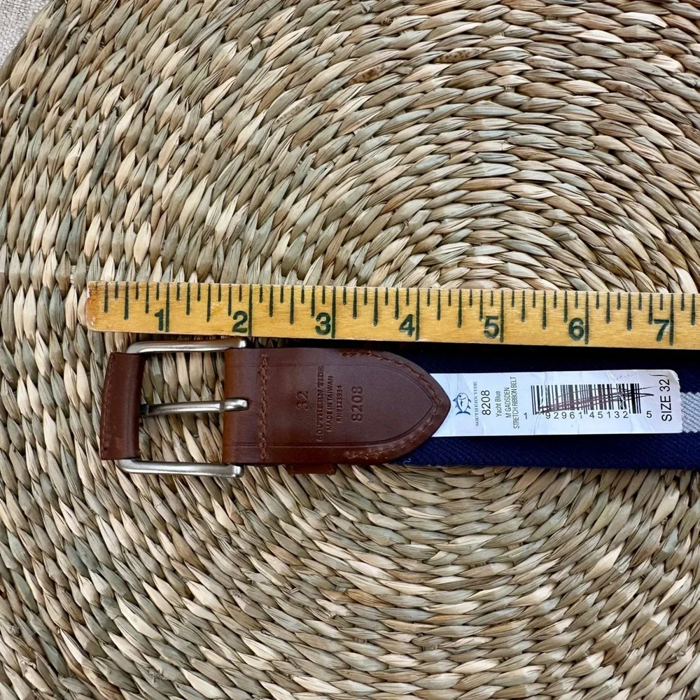 Southern Tide Mens 32 Madison Stretch Ribbon Belt Yacht Blue Striped Leather